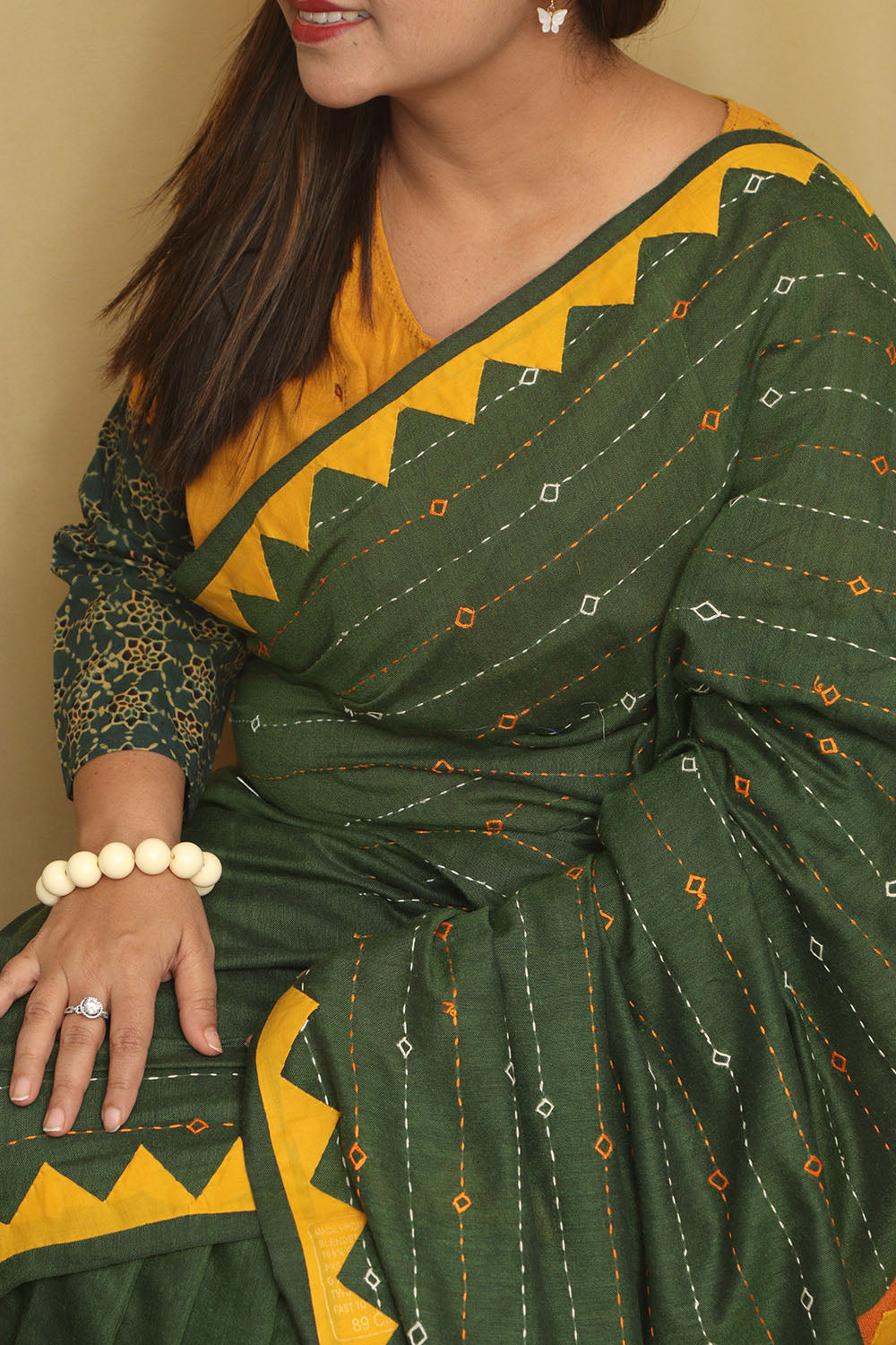 Green Hand Applique Work Cotton Saree - Luxurion World
