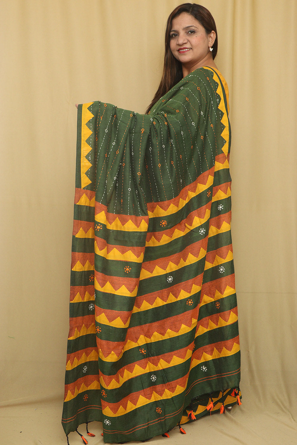 Green Hand Applique Work Cotton Saree - Luxurion World