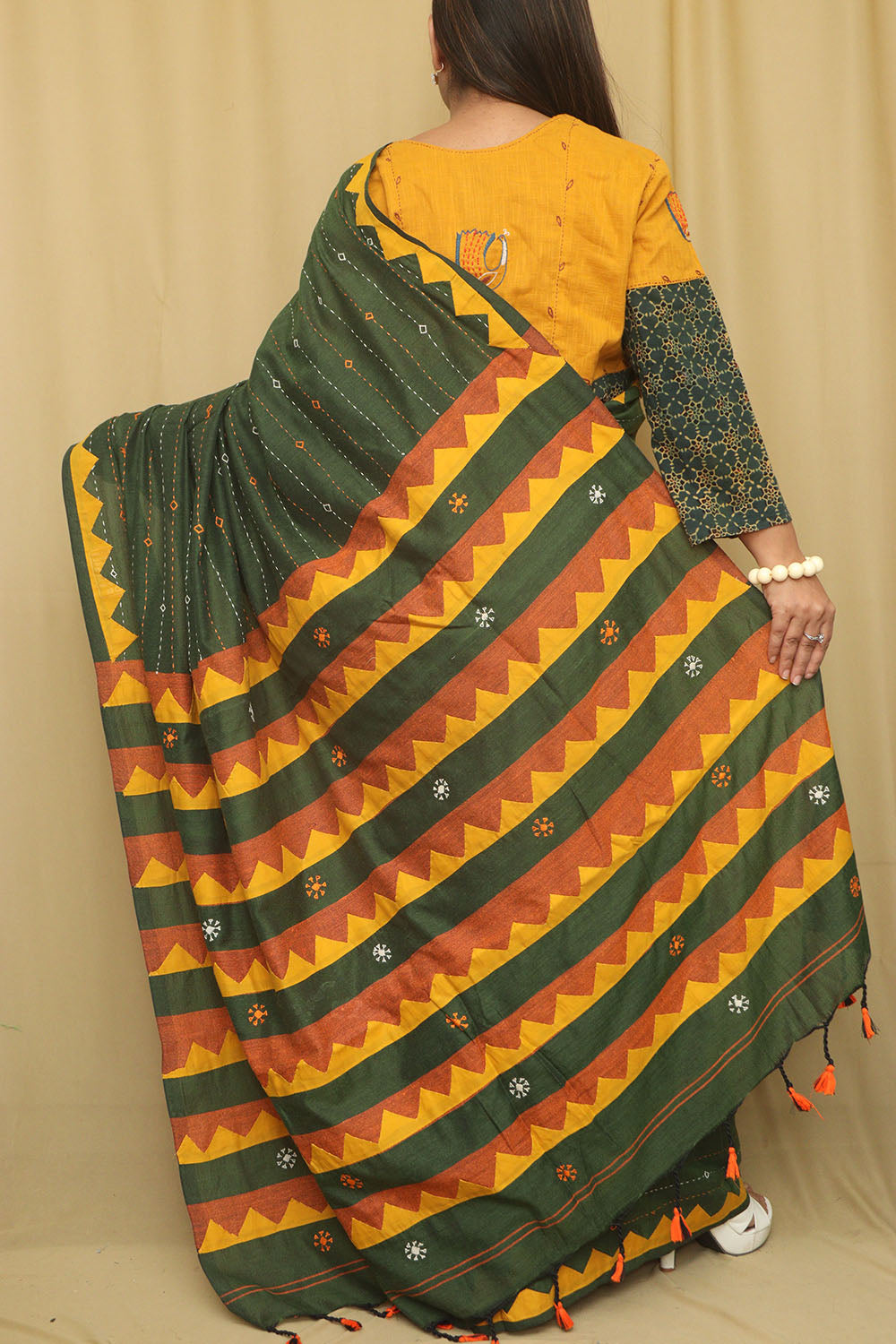Green Hand Applique Work Cotton Saree - Luxurion World