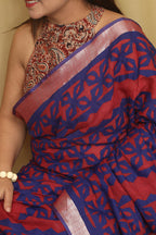 Red Hand Applique Work Linen Cotton Saree - Luxurion World