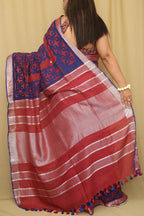 Red Hand Applique Work Linen Cotton Saree - Luxurion World