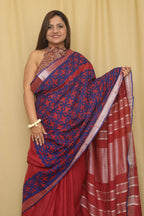 Red Hand Applique Work Linen Cotton Saree - Luxurion World