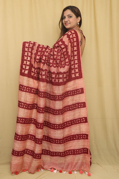 Peach Hand Applique Work Tussar Cotton Saree - Luxurion World