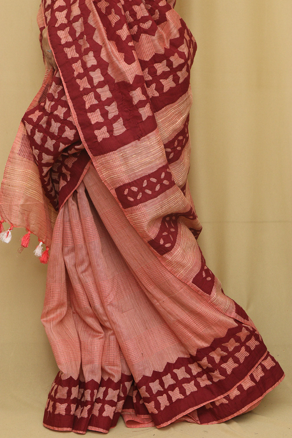 Peach Hand Applique Work Tussar Cotton Saree - Luxurion World