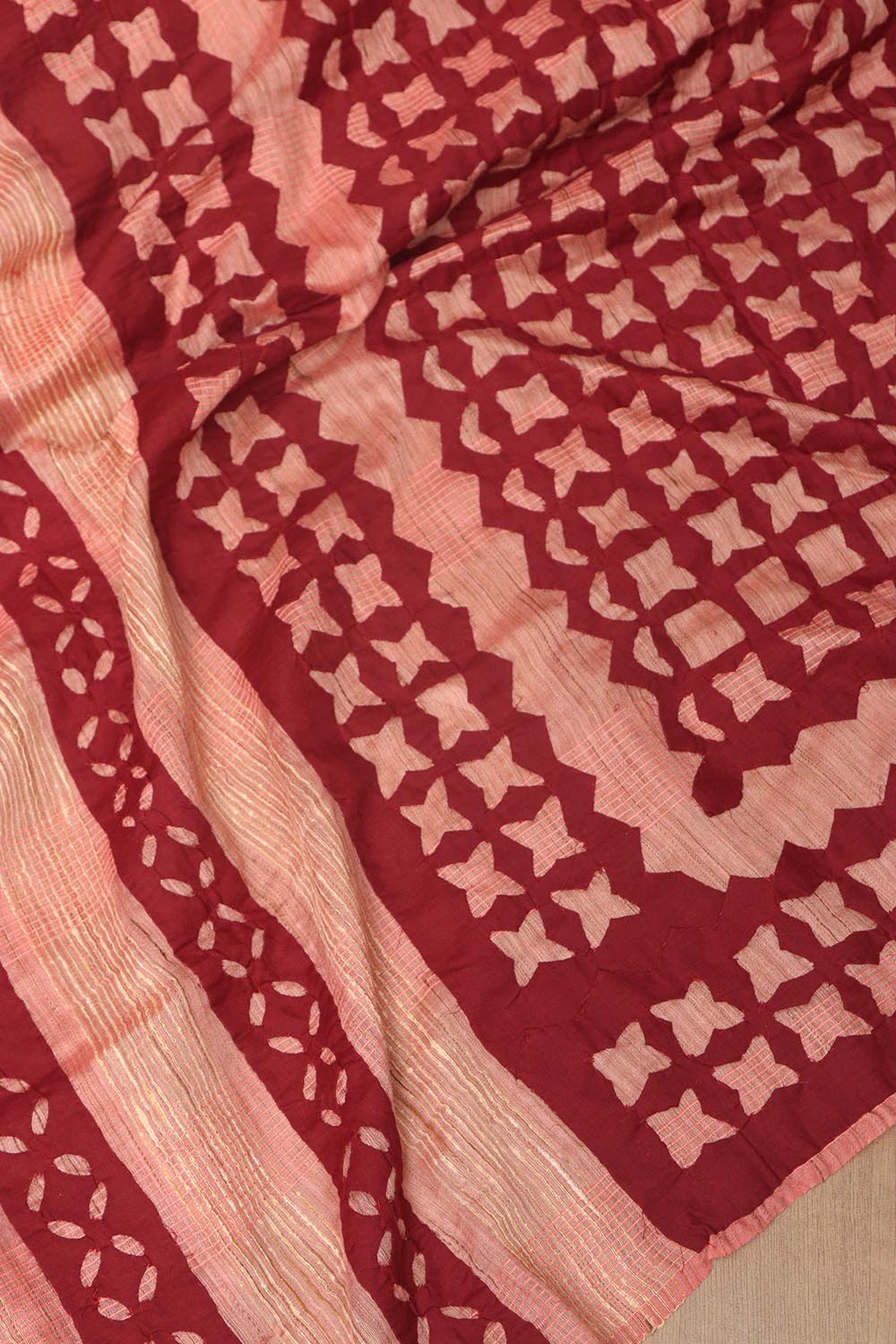 Peach Hand Applique Work Tussar Cotton Saree - Luxurion World