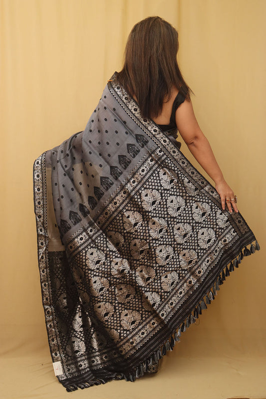 Grey Handloom Assami Pat Silk Saree - Luxurion World
