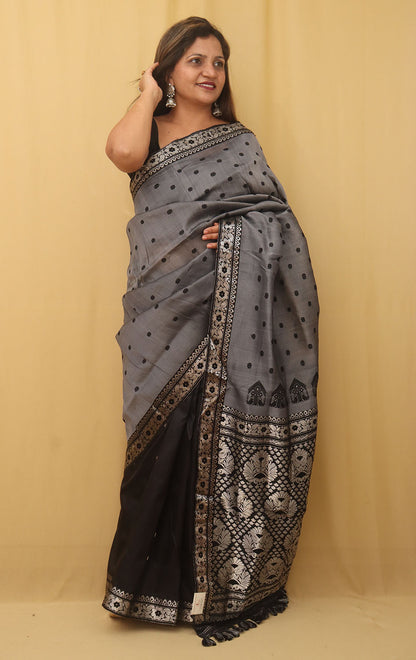 Grey Handloom Assami Pat Silk Saree - Luxurion World