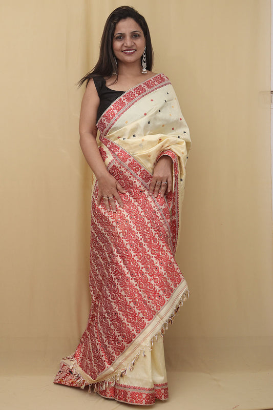 Cream Handloom Assami Pat Silk Saree - Luxurion World
