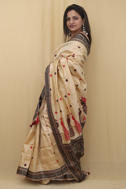 Cream Handloom Aasam Tussar Silk Saree - Luxurion World