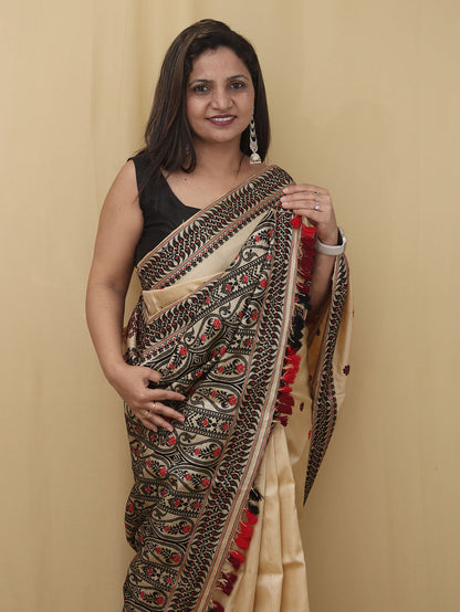 Cream Handloom Aasam Tussar Silk Saree - Luxurion World