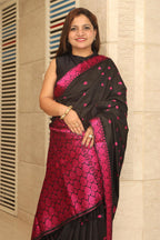Elegant Black And Pink Handloom Assami Pat Silk Saree - Luxurion World
