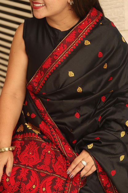Exquisite Black Handloom Assami Pat Silk Saree - Luxurion World