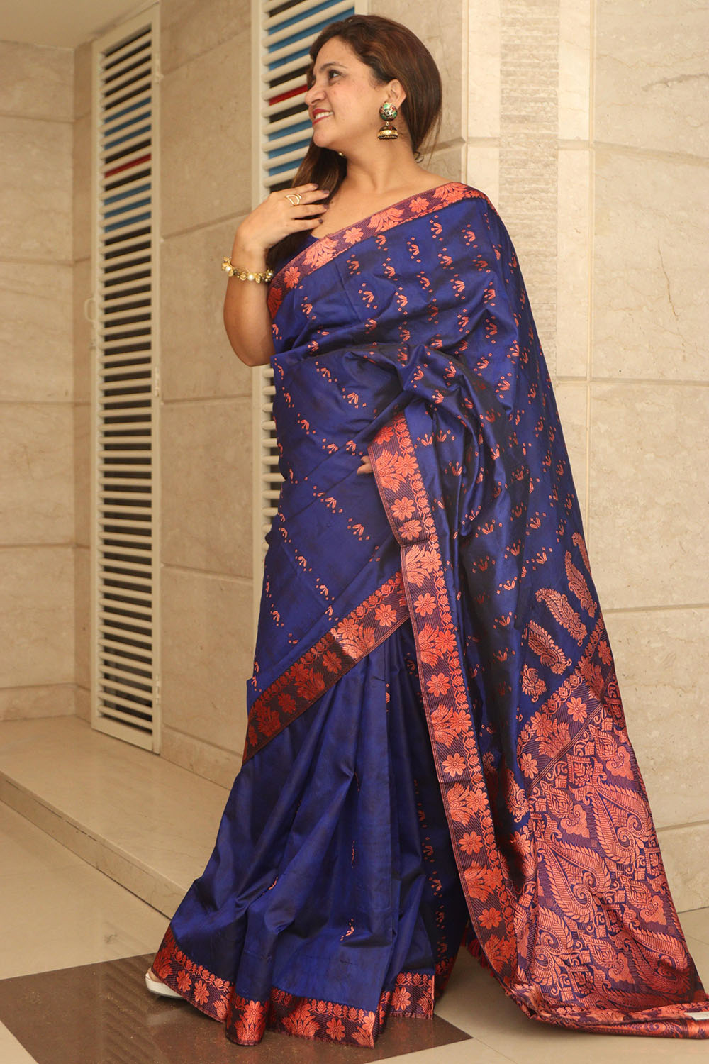Blue Handloom Assami Pat Silk Saree - Luxurion World