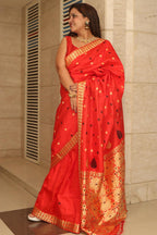 Red Handloom Assami Pat Silk Saree - Luxurion World