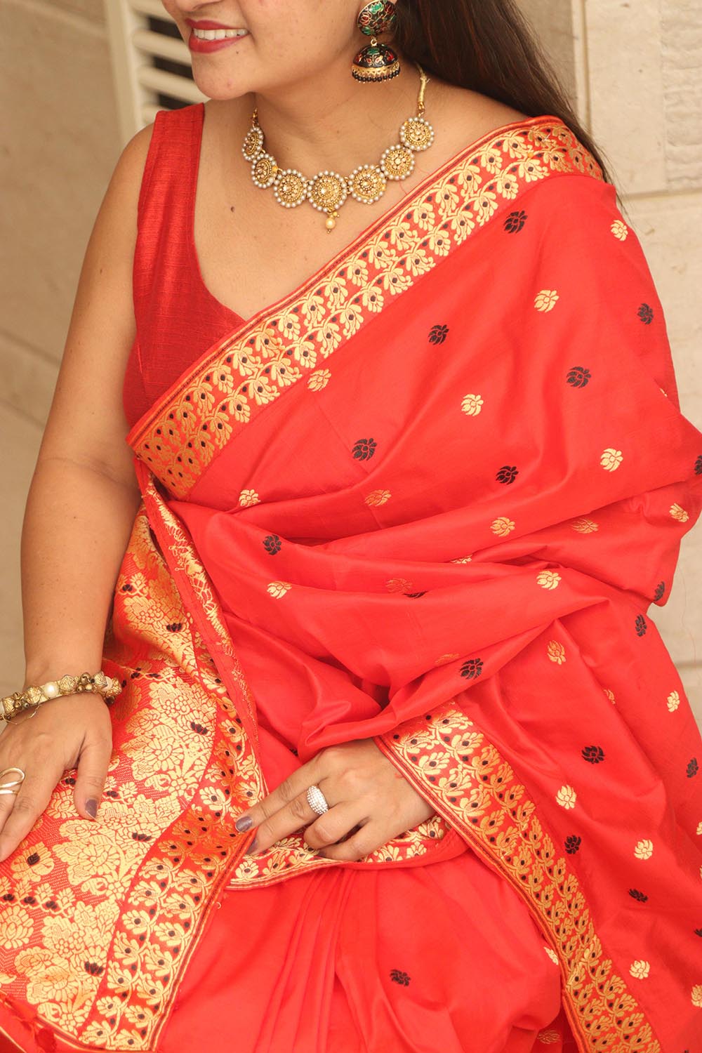 Red Handloom Assami Pat Silk Saree - Luxurion World