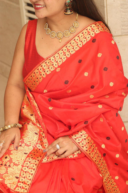 Red Handloom Assami Pat Silk Saree - Luxurion World