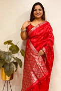 Red Handloom Assami Pat Mulberry Silk Zari Saree