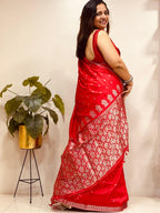 Red Handloom Assami Pat Mulberry Silk Zari Saree