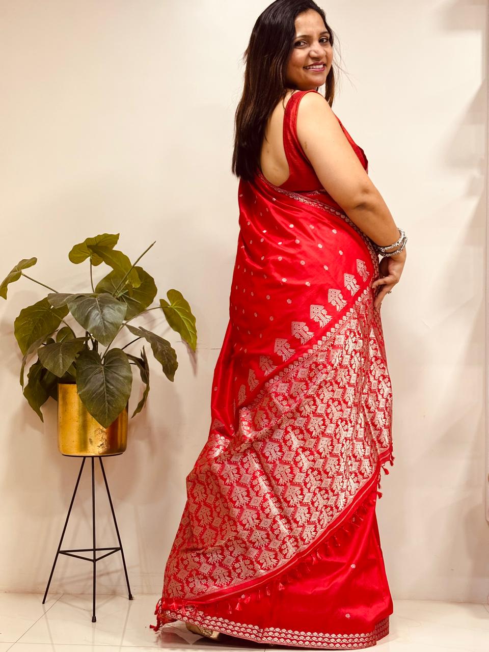 Red Handloom Assami Pat Mulberry Silk Zari Saree