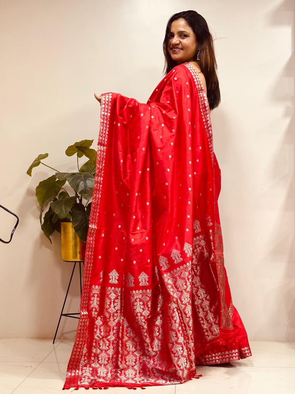Red Handloom Assami Pat Mulberry Silk Zari Saree
