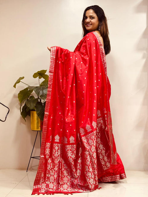 Red Handloom Assami Pat Mulberry Silk Zari Saree