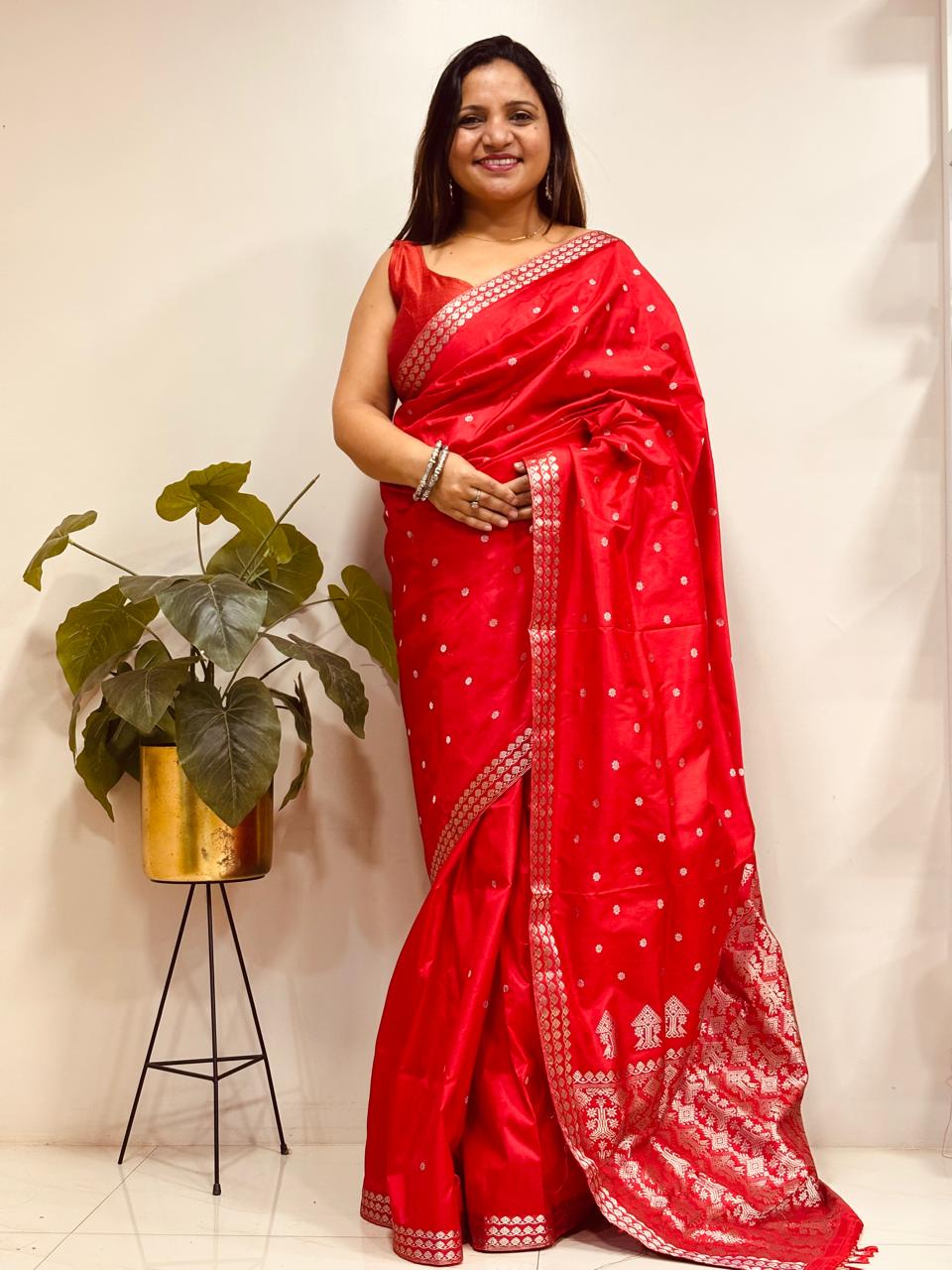 Red Handloom Assami Pat Mulberry Silk Zari Saree