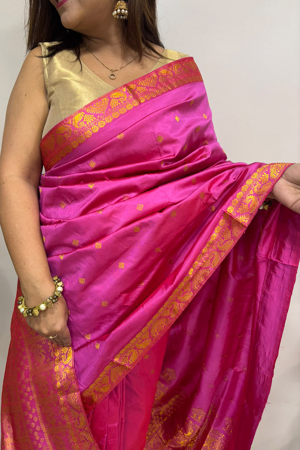 Pink Handloom Assamese Pat Mulberry Silk Zari Saree