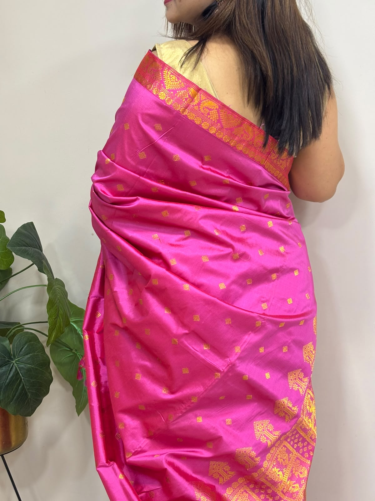 Pink Handloom Assamese Pat Mulberry Silk Zari Saree