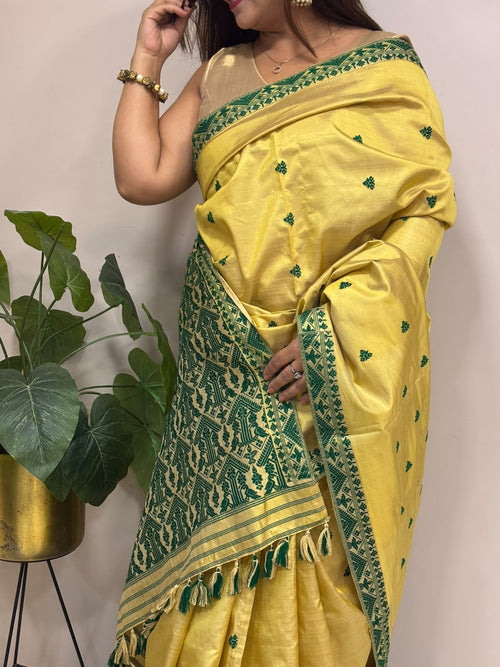 Pastel Handloom Assamese Pat Mulberry Tussar Silk Saree