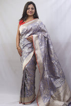 Stunning Grey Handloom Banarasi Katan Silk Saree - Pure Elegance - Luxurion World
