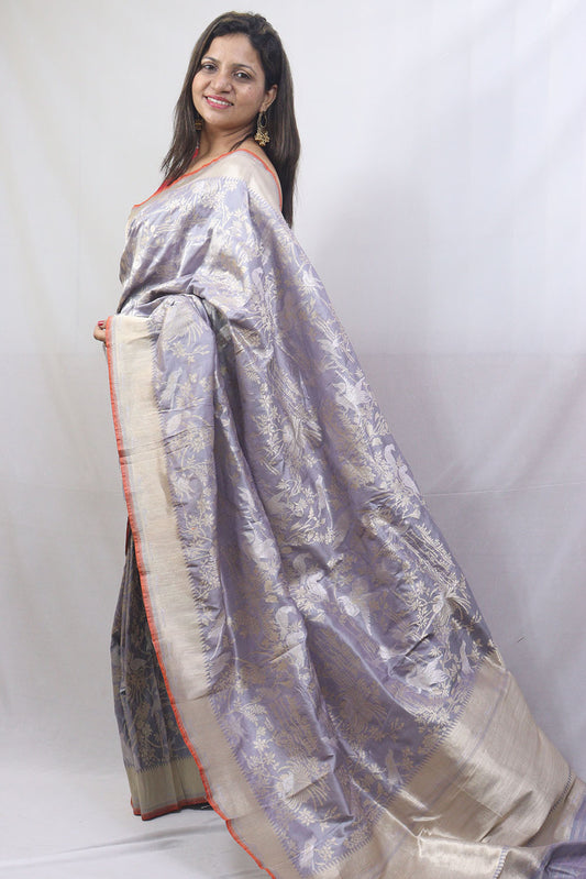 Stunning Grey Handloom Banarasi Katan Silk Saree - Pure Elegance - Luxurion World