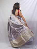 Stunning Grey Handloom Banarasi Katan Silk Saree - Pure Elegance - Luxurion World