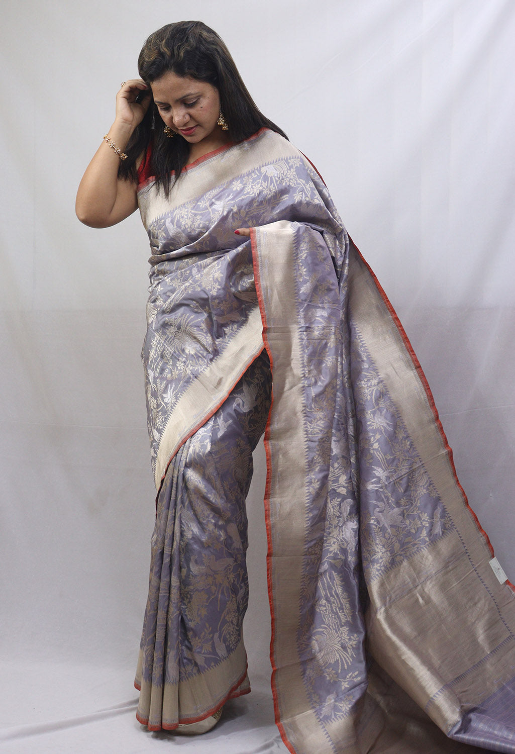 Stunning Grey Handloom Banarasi Katan Silk Saree - Pure Elegance - Luxurion World