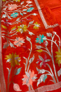 Orange Banarasi Crepe Silk Saree Flower Design Festive