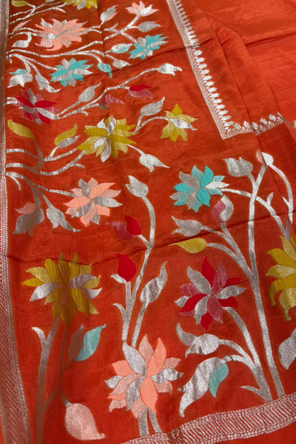 Orange Banarasi Crepe Silk Saree Flower Design Festive