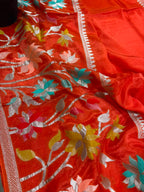 Orange Banarasi Crepe Silk Saree Flower Design Festive