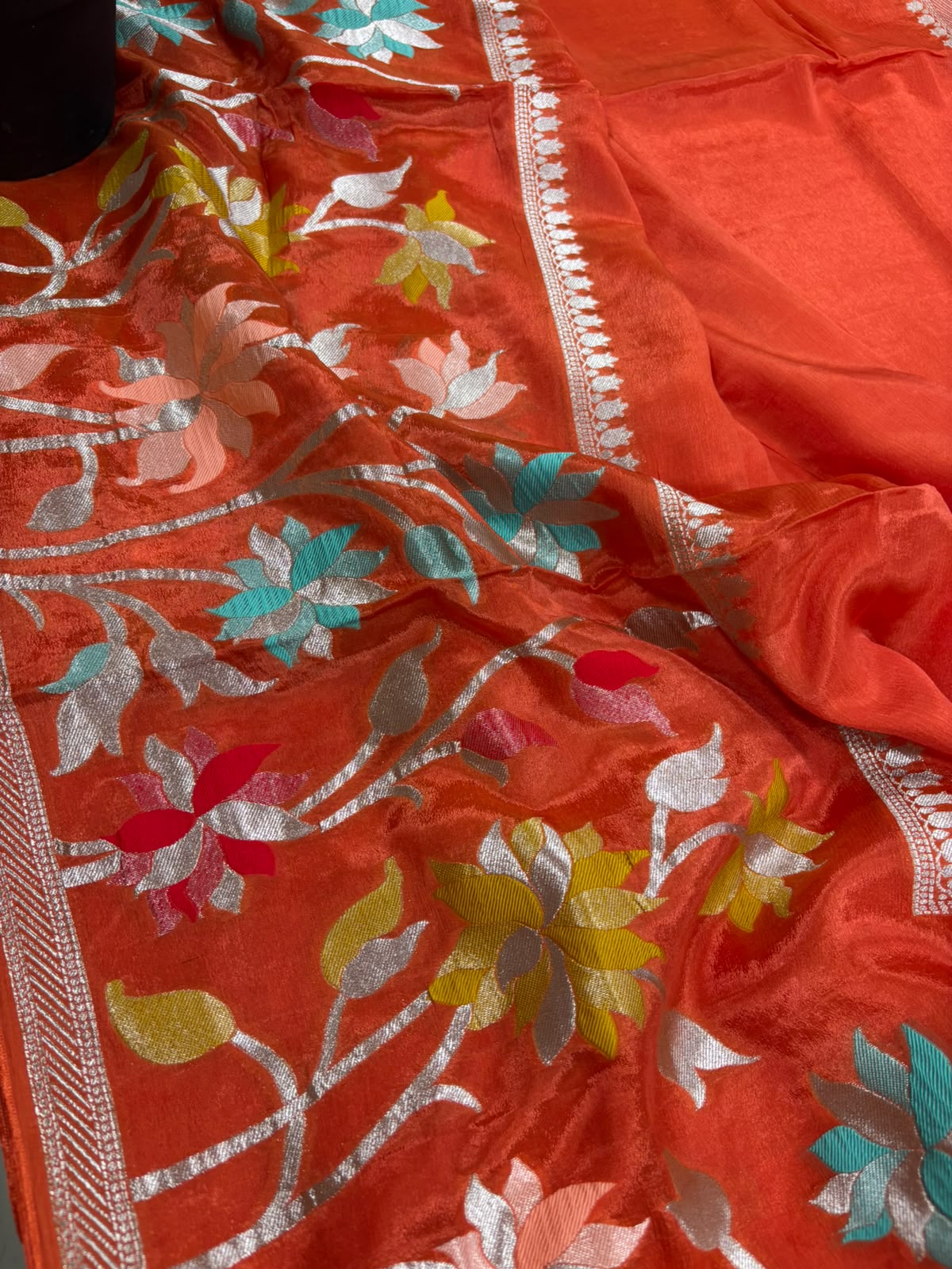 Orange Banarasi Crepe Silk Saree Flower Design Festive