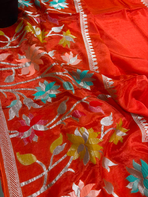 Orange Banarasi Crepe Silk Saree Flower Design Festive