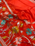Orange Banarasi Crepe Silk Saree Flower Design Festive