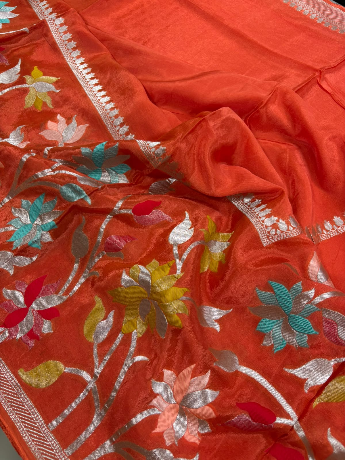 Orange Banarasi Crepe Silk Saree Flower Design Festive