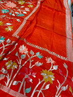 Orange Banarasi Crepe Silk Saree Flower Design Festive