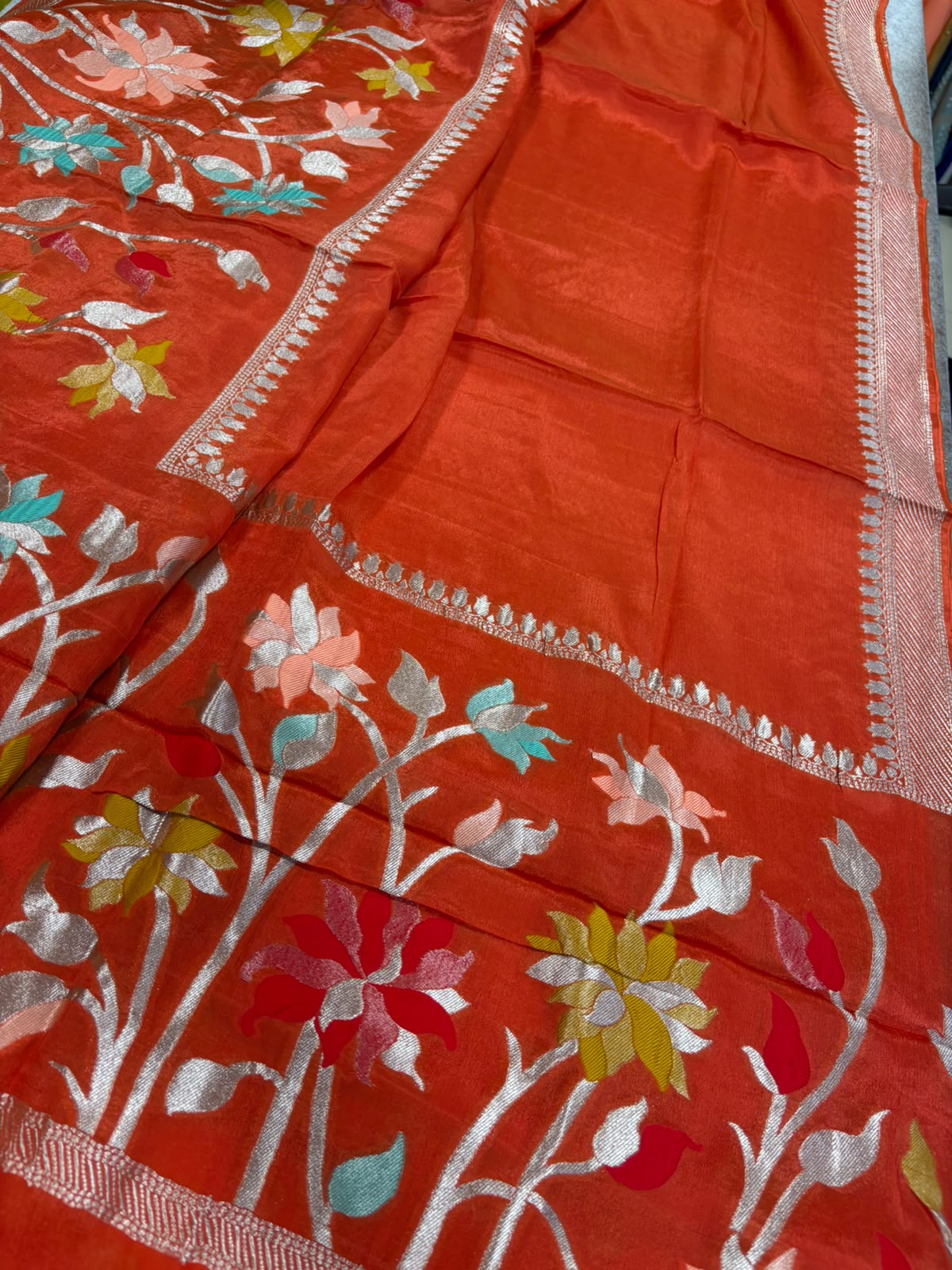 Orange Banarasi Crepe Silk Saree Flower Design Festive