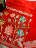 Orange Banarasi Crepe Silk Saree Flower Design Festive