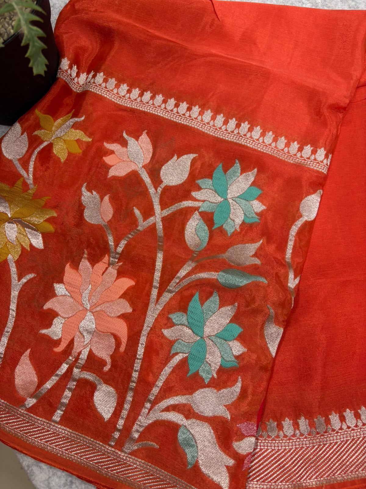 Orange Banarasi Crepe Silk Saree Flower Design Festive