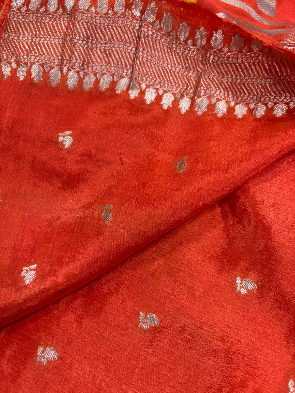 Orange Banarasi Crepe Silk Saree Flower Design Festive