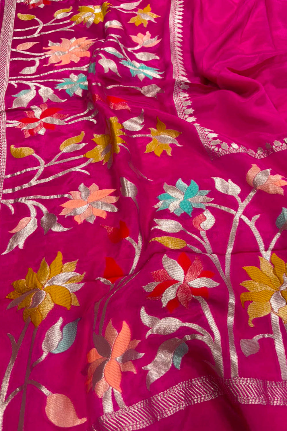 Pink Banarasi Crepe Silk Saree Flower Design Festive