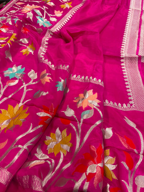 Pink Banarasi Crepe Silk Saree Flower Design Festive