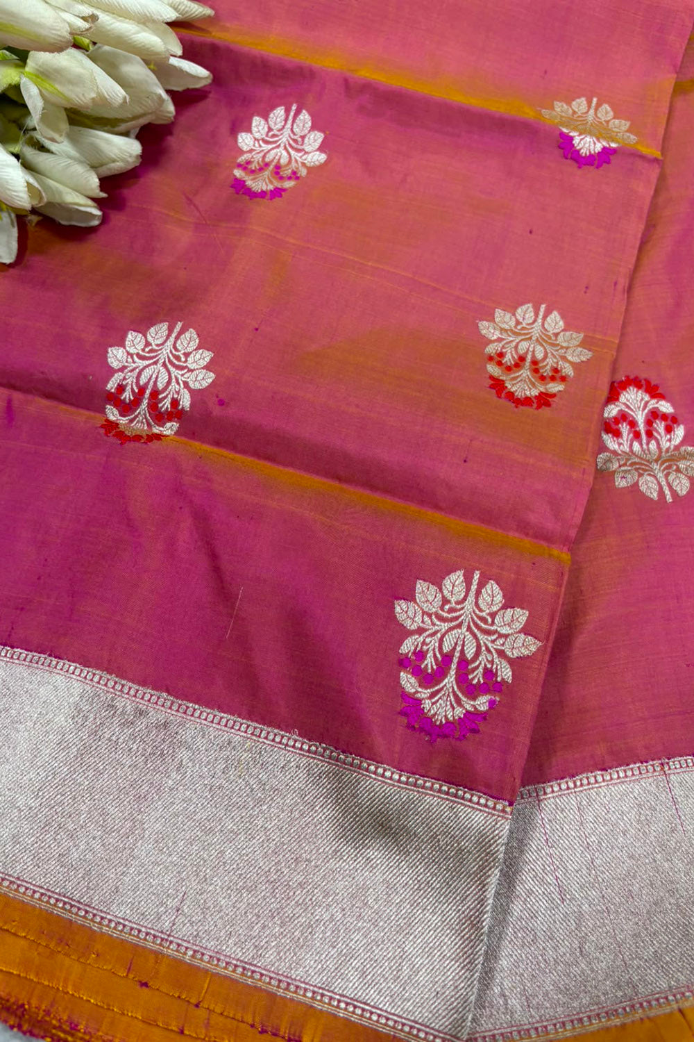 Pink Shot Banarasi Katan Silk Saree Meenakari Flower Design Handloom