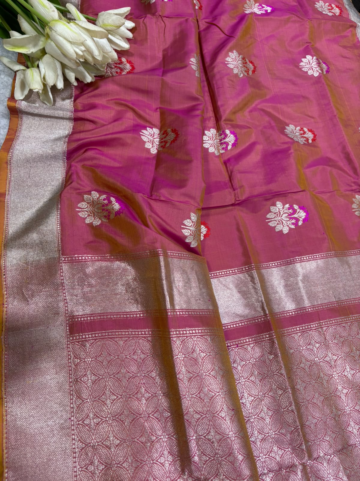 Pink Shot Banarasi Katan Silk Saree Meenakari Flower Design Handloom