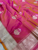 Pink Shot Banarasi Katan Silk Saree Meenakari Flower Design Handloom